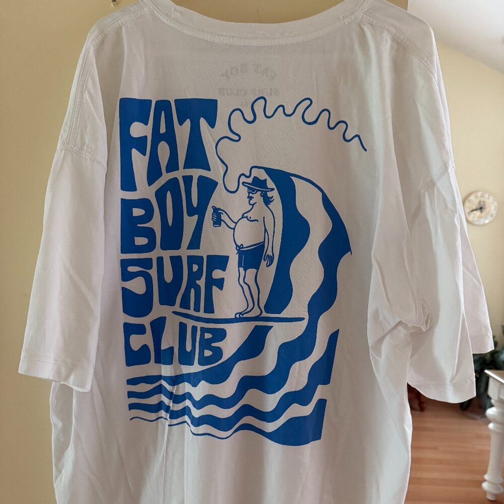 Mens Graphic tee T shirt FAT BOY SURF CLUB NEW no tags 3XL XXXL WHITE w/BLUE
